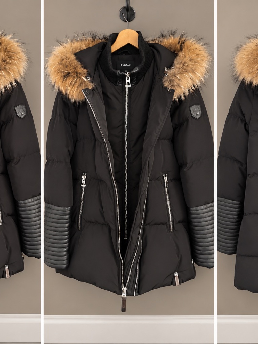 RUDSAK Black Puffer Coat with Tan Fur Trim